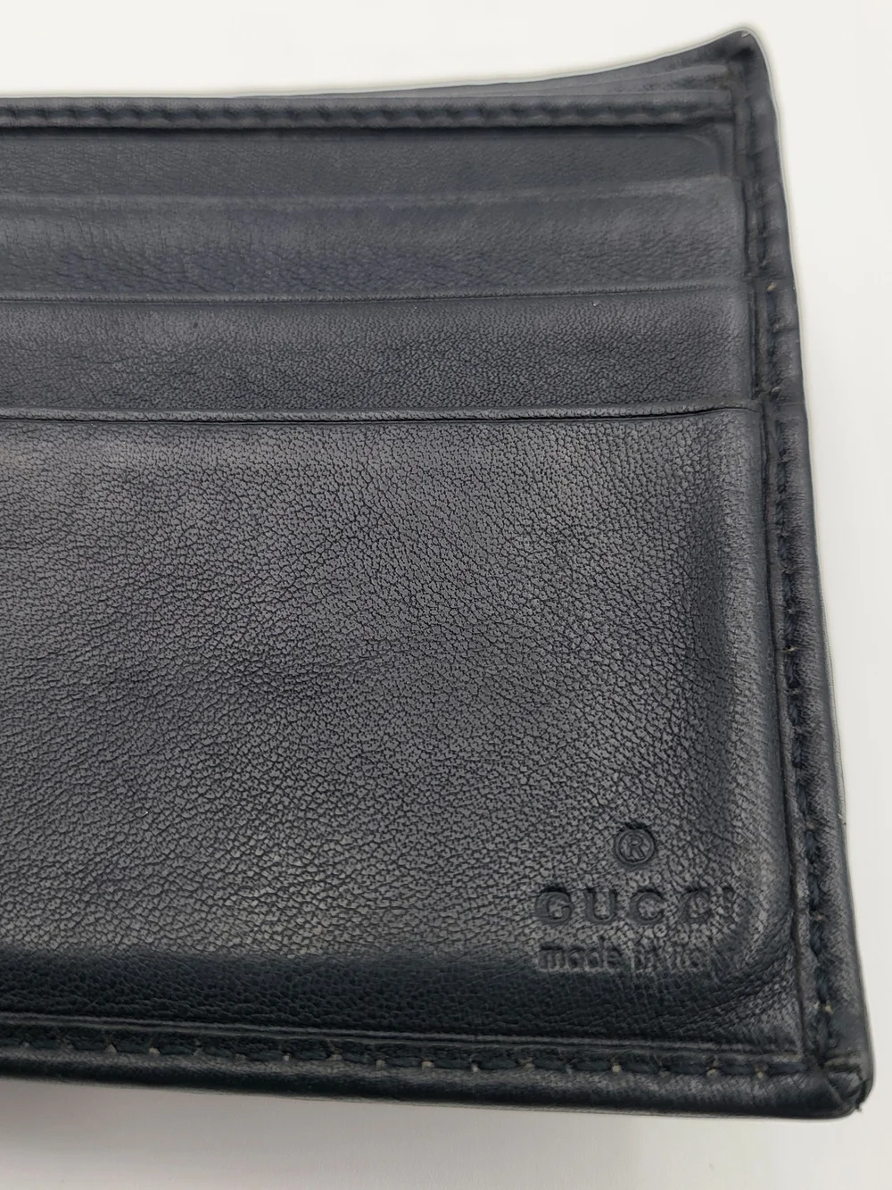Gucci Royal Blue Embossed Leather Bifold Wallet with Beige/Blue Web Stripe Auth.